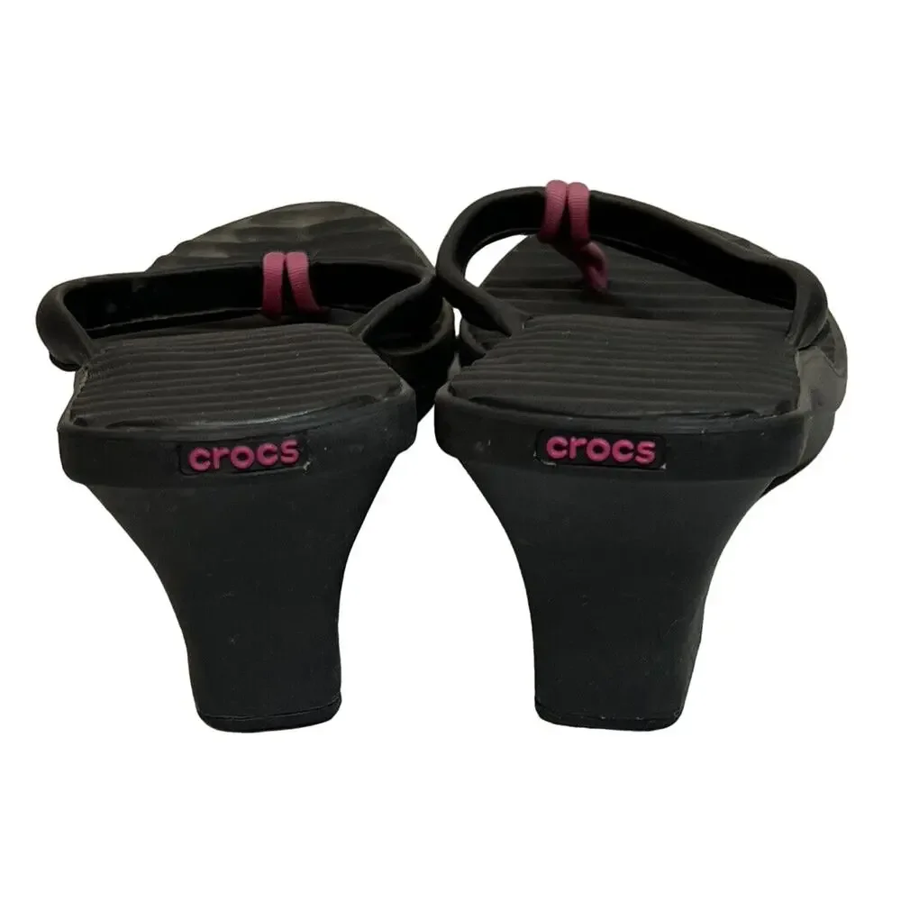 CROCS Sandals Women’s Size 10 Black Pink Cabana Wedge Flip Flop‎